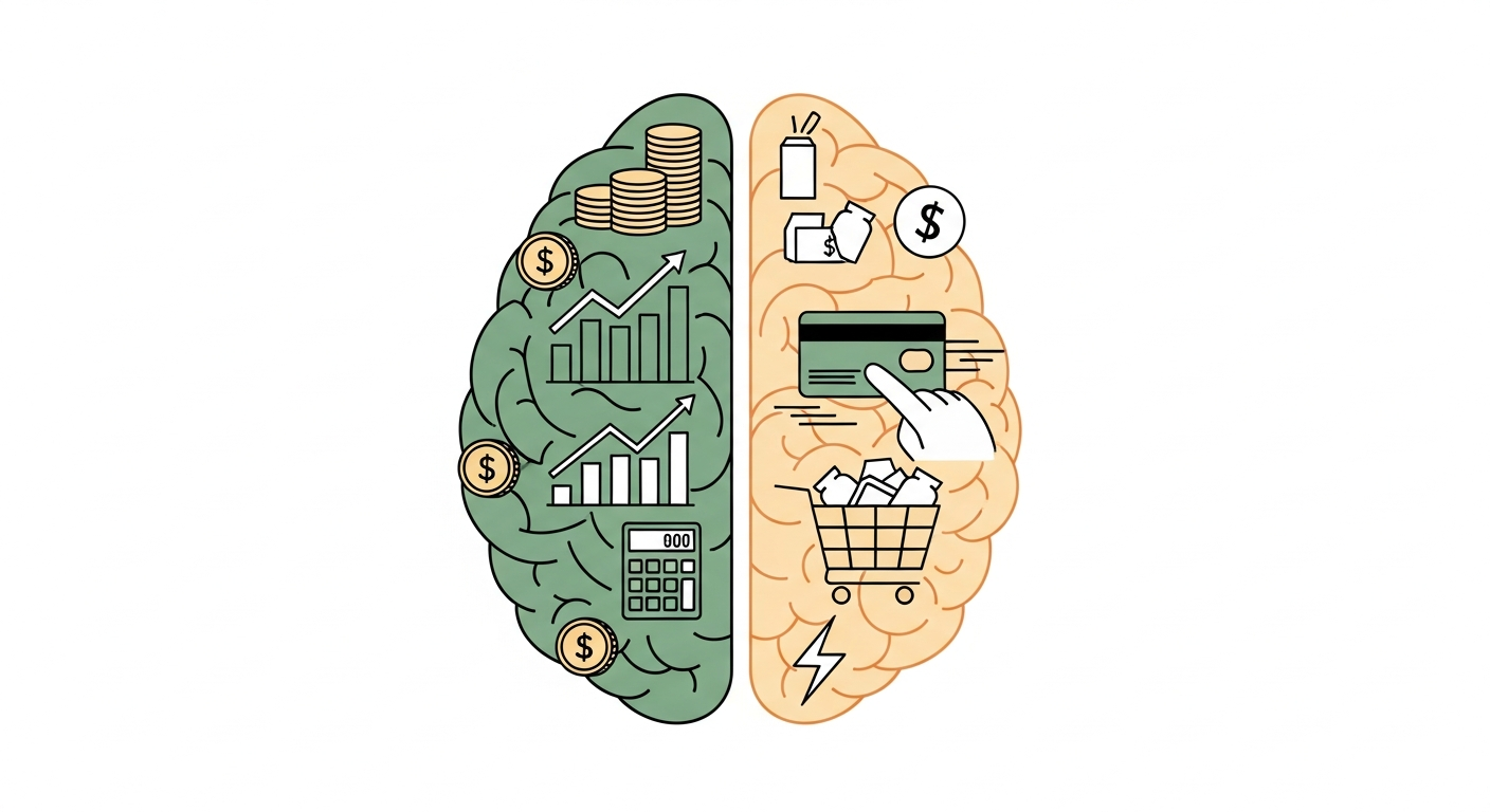 Ilustración del cerebro dividido entre decisiones financieras racionales e impulsivas